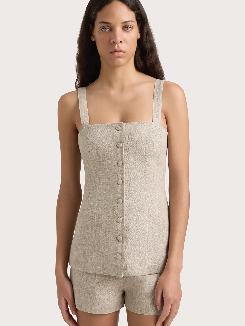 Linen Button-Front Square Neck Tank in Natural — Corbiere Vest Oatmeal